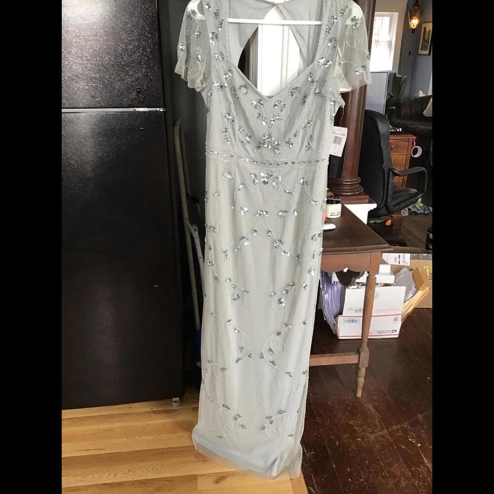 Papell boutique evening gown, 10, frosted sage, beaded, new, greenish grey